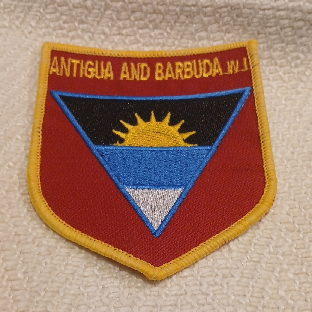 5/$25 Antigua & Barbuda Flag Embroidered Iron/Sew on Shield Patch with Gold Trim